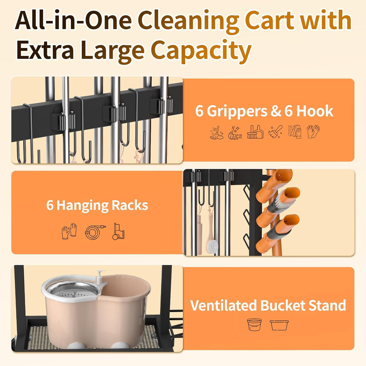 Cleaning Supplies Organizer with Broom Holder Load 160 LBS Cleaning Cart with Wheels Broom Closet