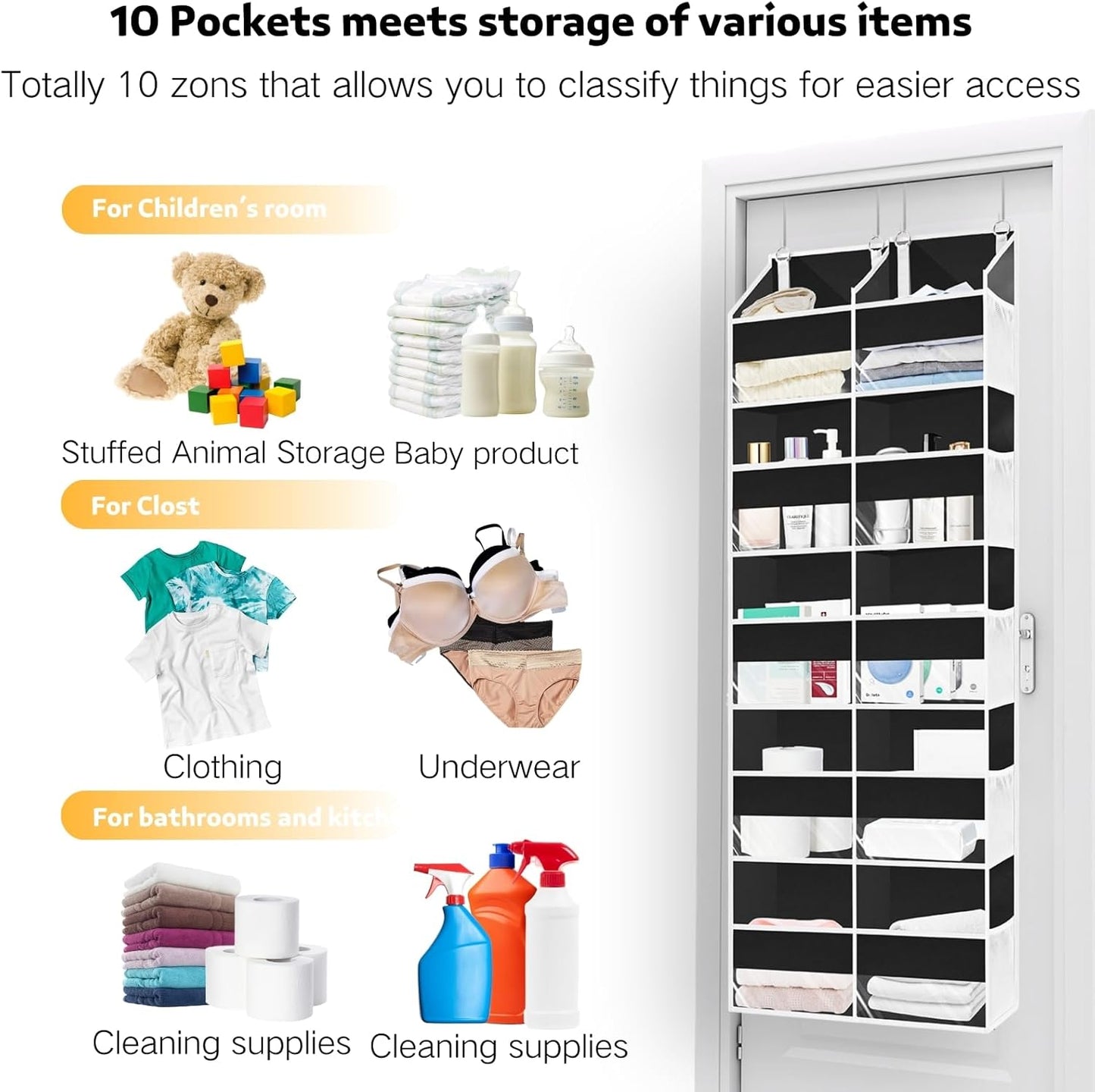 Over the Door Organizer 5 Tiers, Extra Large Behind Door Storage of 10 Compartments, 80 lbs Weight