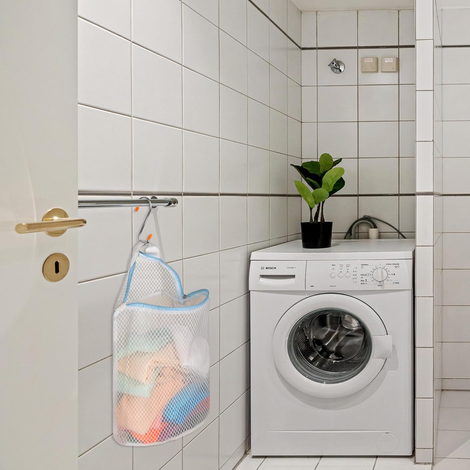 3Pcs Hanging Laundry Bags for Socks with S Hooks, 12 X 10 inch 3 Color Mesh Laundry Bags for