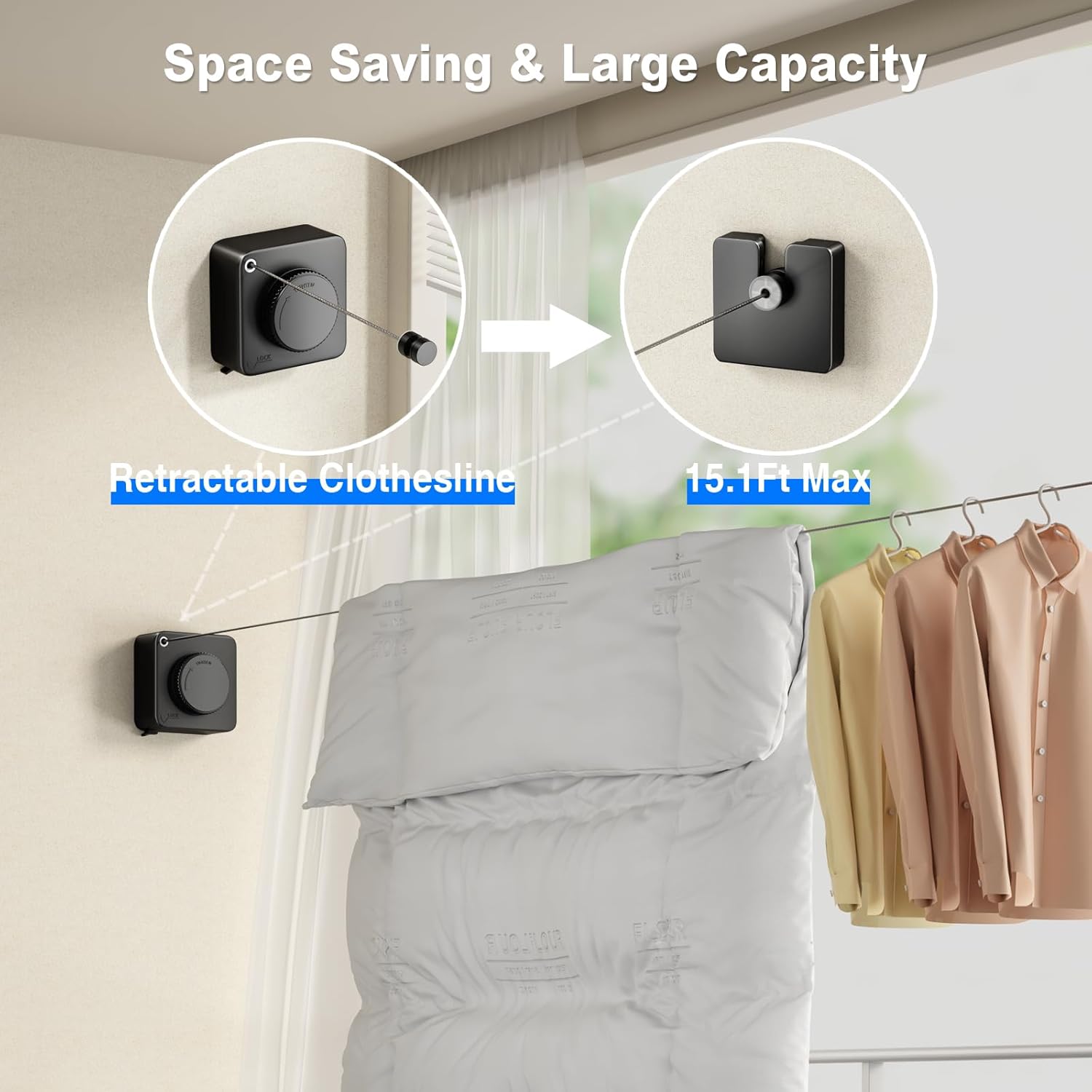 Retractable Clothesline Indoor, Non-Sagging Outdoor Clothes Line Retracting Heavy Duty Clothes