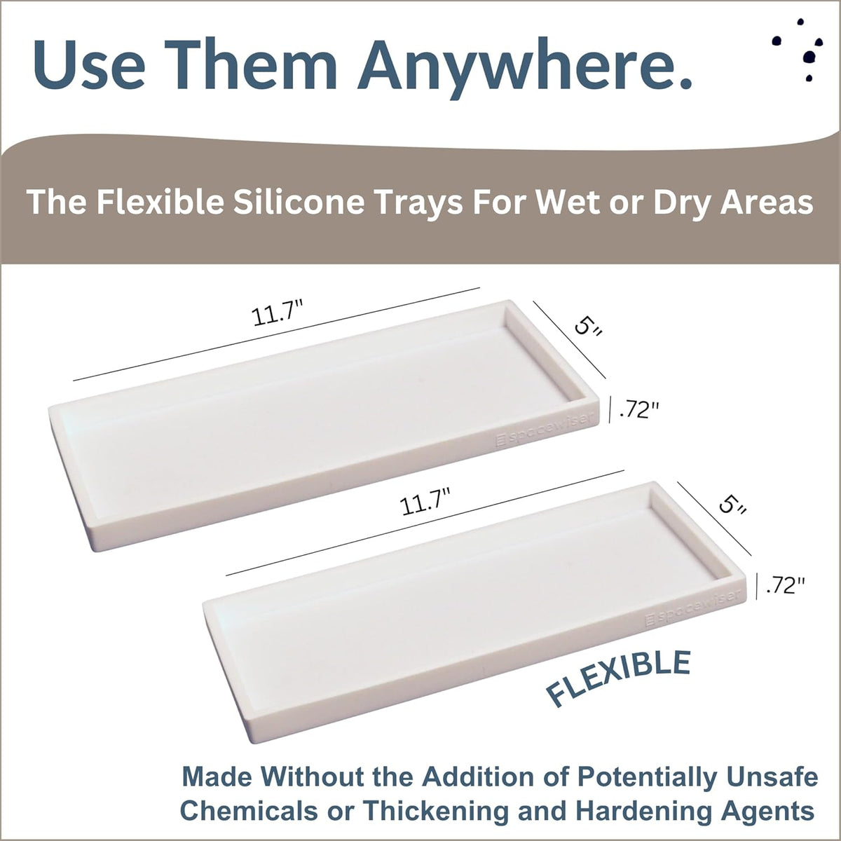 Countertop and Vanity Tray - 2 PC Large 11.7" Silicone Bathroom Trays, Counter Organizer, Dish Soap