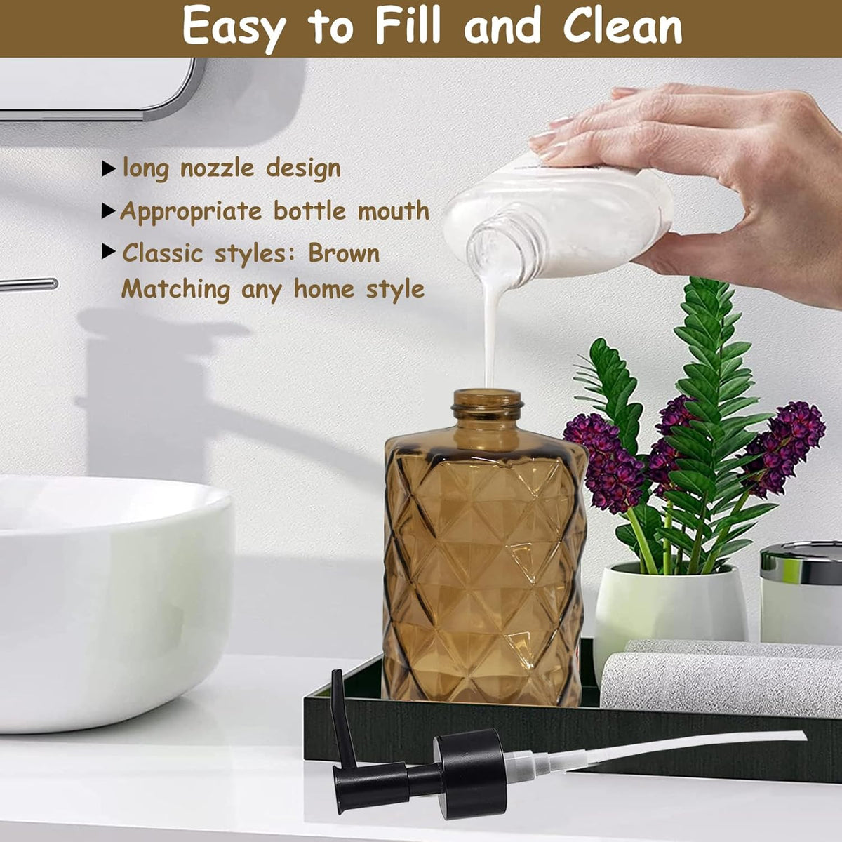 Brown Bathroom Soap Dispenser with Black Plastic Pump, 12oz Glass Lotion Dispenser, Crystal Hand