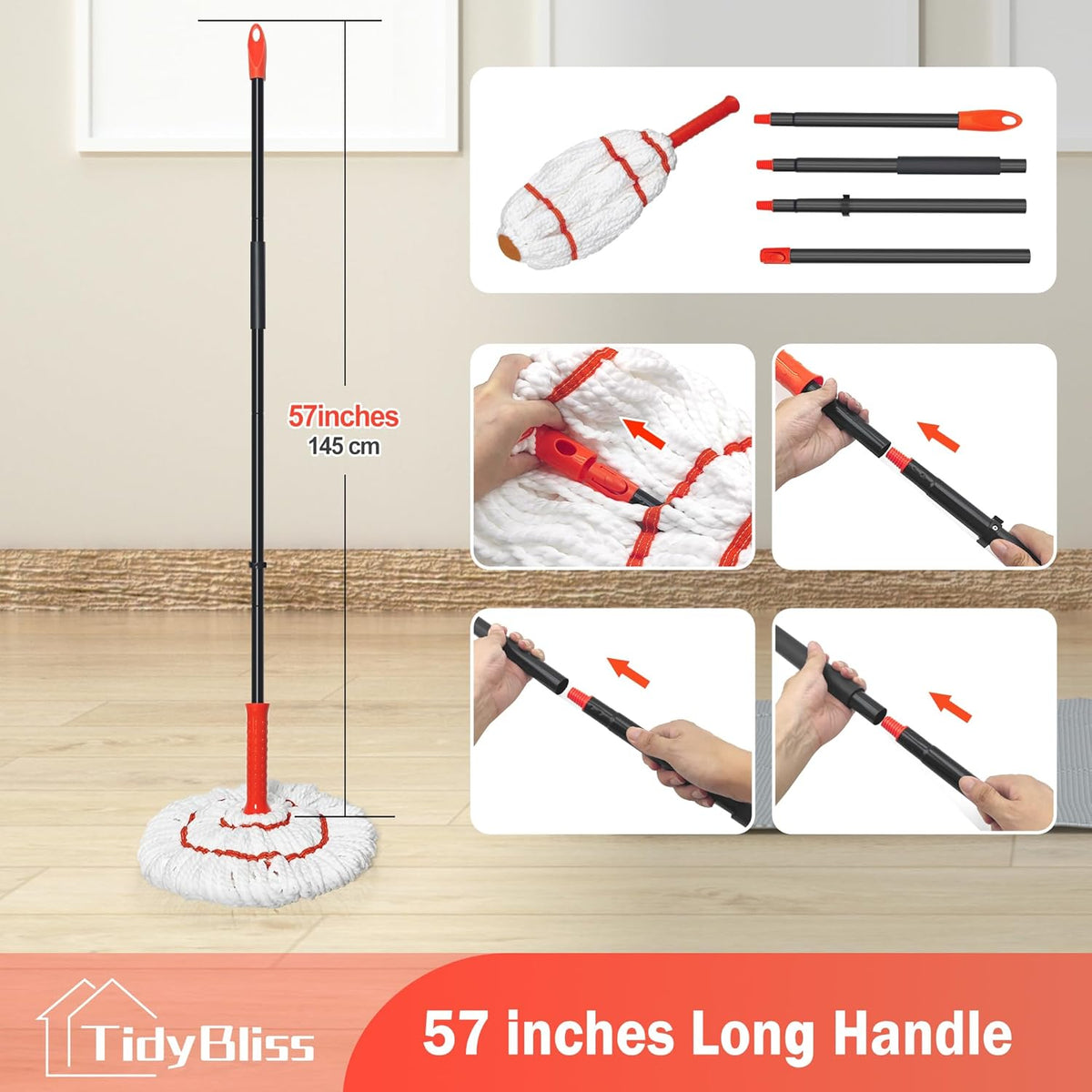 Self Wringing Twist Mop for Floor Cleaning, 57.5 inches Long Handle Cotton String Mop with Wringer