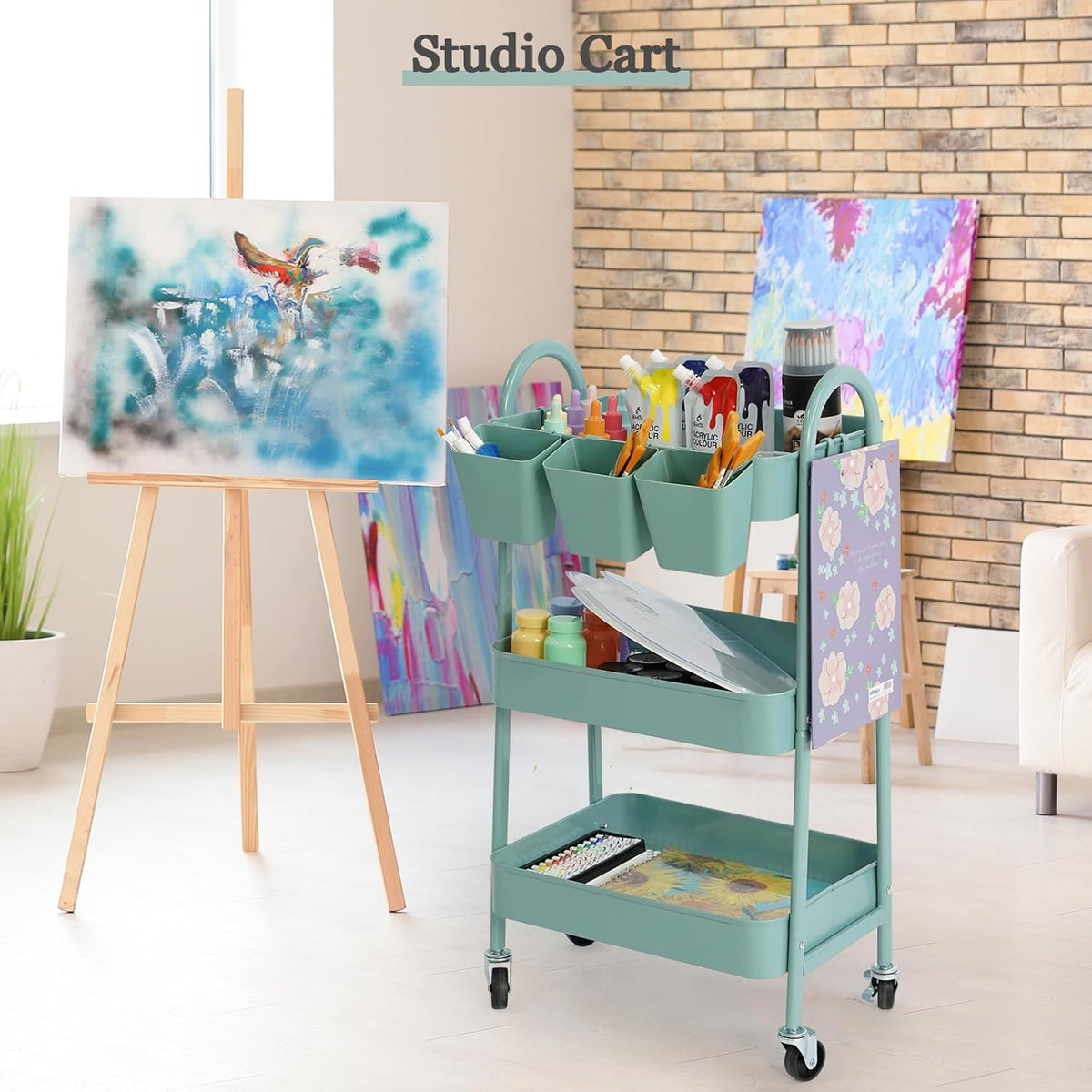 danpinera 3-Tier Rolling Cart, Metal Rolling Storage Cart with Lockable Wheels & Hanging Cups &