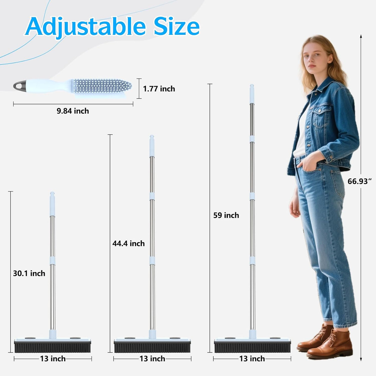 Rubber Broom Carpet Rake for Pet Hair Removal, Fur Remover Broom with 59" Adjustable Handle