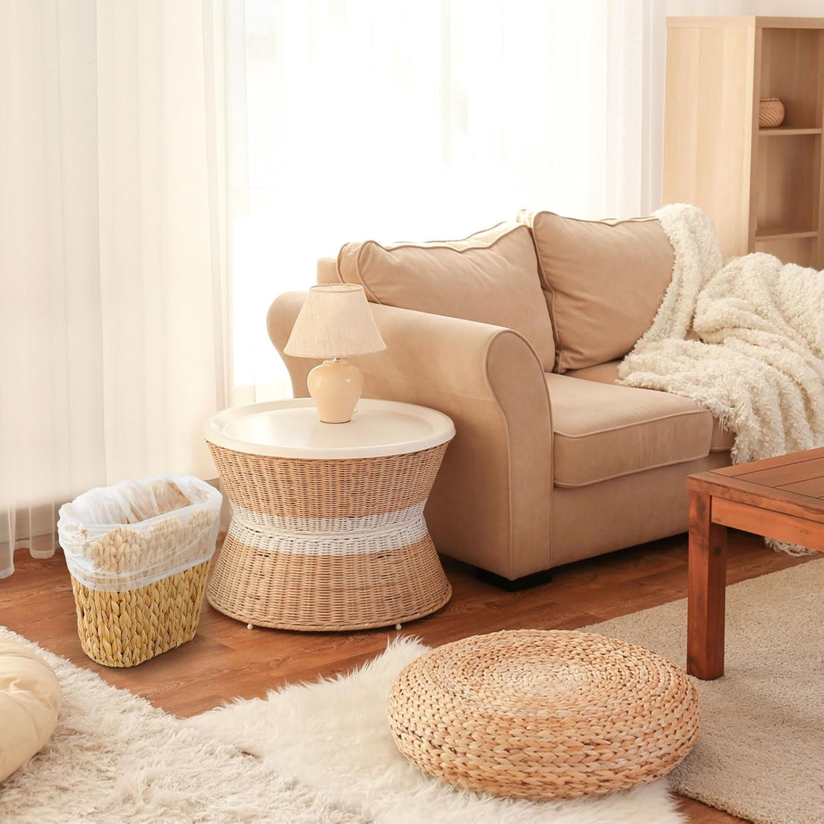 2 Pcs Wicker Trash Can with 50 Small Trash Bag Wicker Waste Woven Basket with Handles Clear Multi