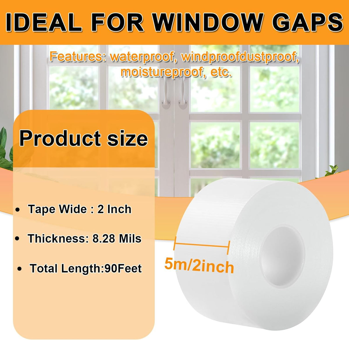 Window Weather Sealing Tape 2 Inch x 90 FT Weather Stripping Residue-Free Window Seal Insulation