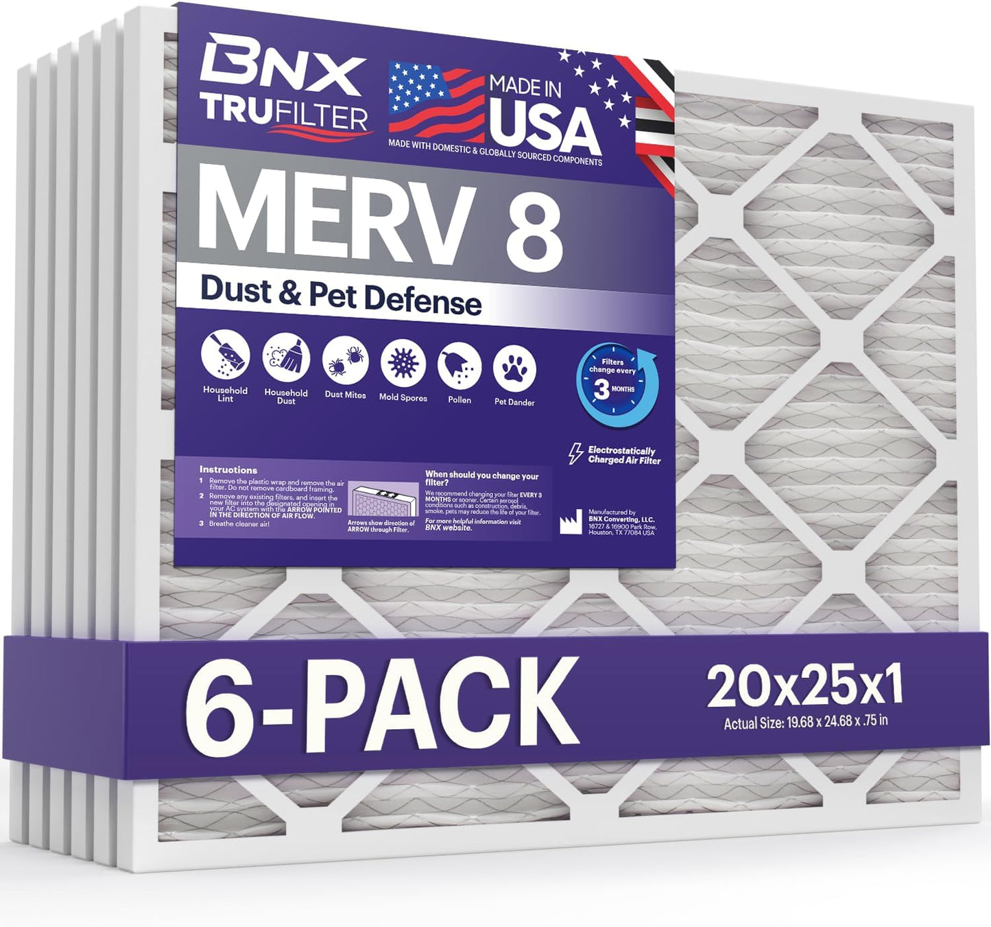 BNX TruFilter 20x25x1 Air Filter MERV 8 (6-Pack) - MADE IN USA – Dust & Pet Defense Electrostatic
