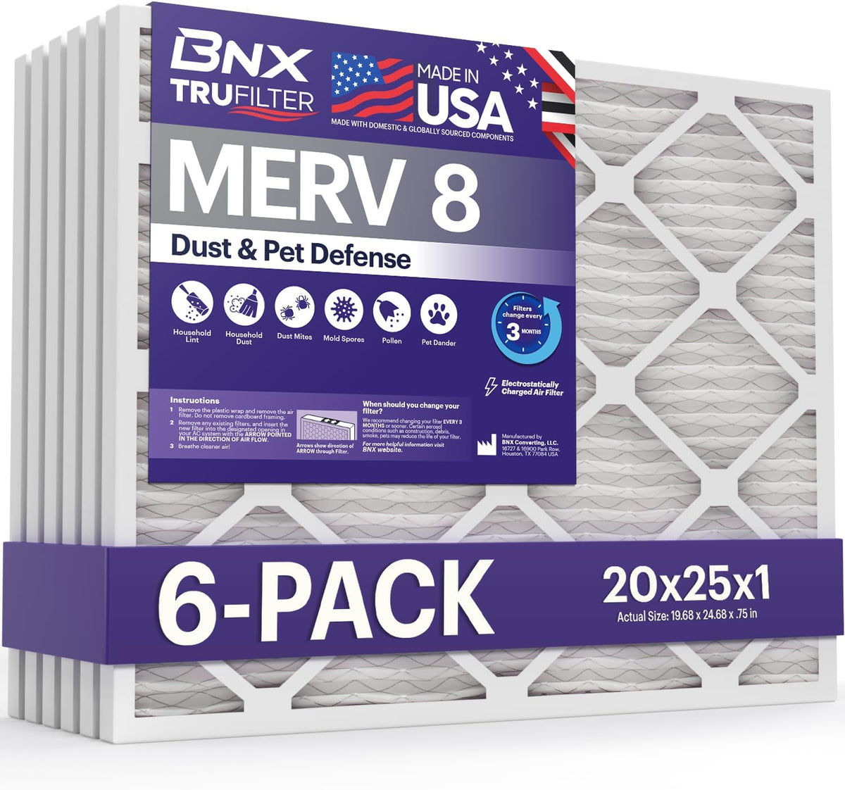 BNX TruFilter 20x25x1 Air Filter MERV 8 (6-Pack) - MADE IN USA – Dust & Pet Defense Electrostatic