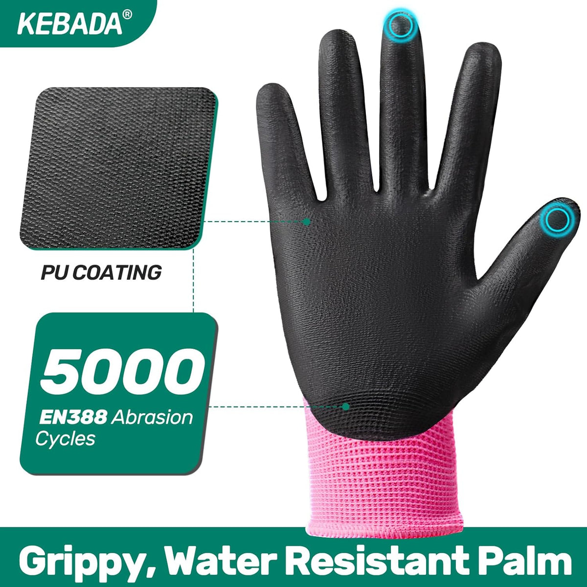 Kebada W1 Work Gloves Women, PU Coated Safety Gloves with Grip, Touchscreen, Ideal for Warehouse