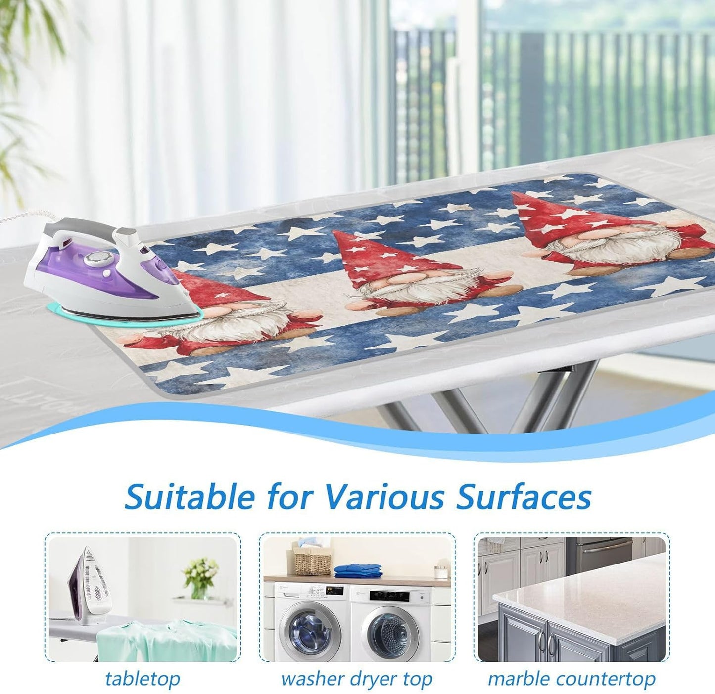 Three July 4th Gnomes Stars Ironing Mat for Table top Portable Ironing Pad Blanket for Washer Dryer