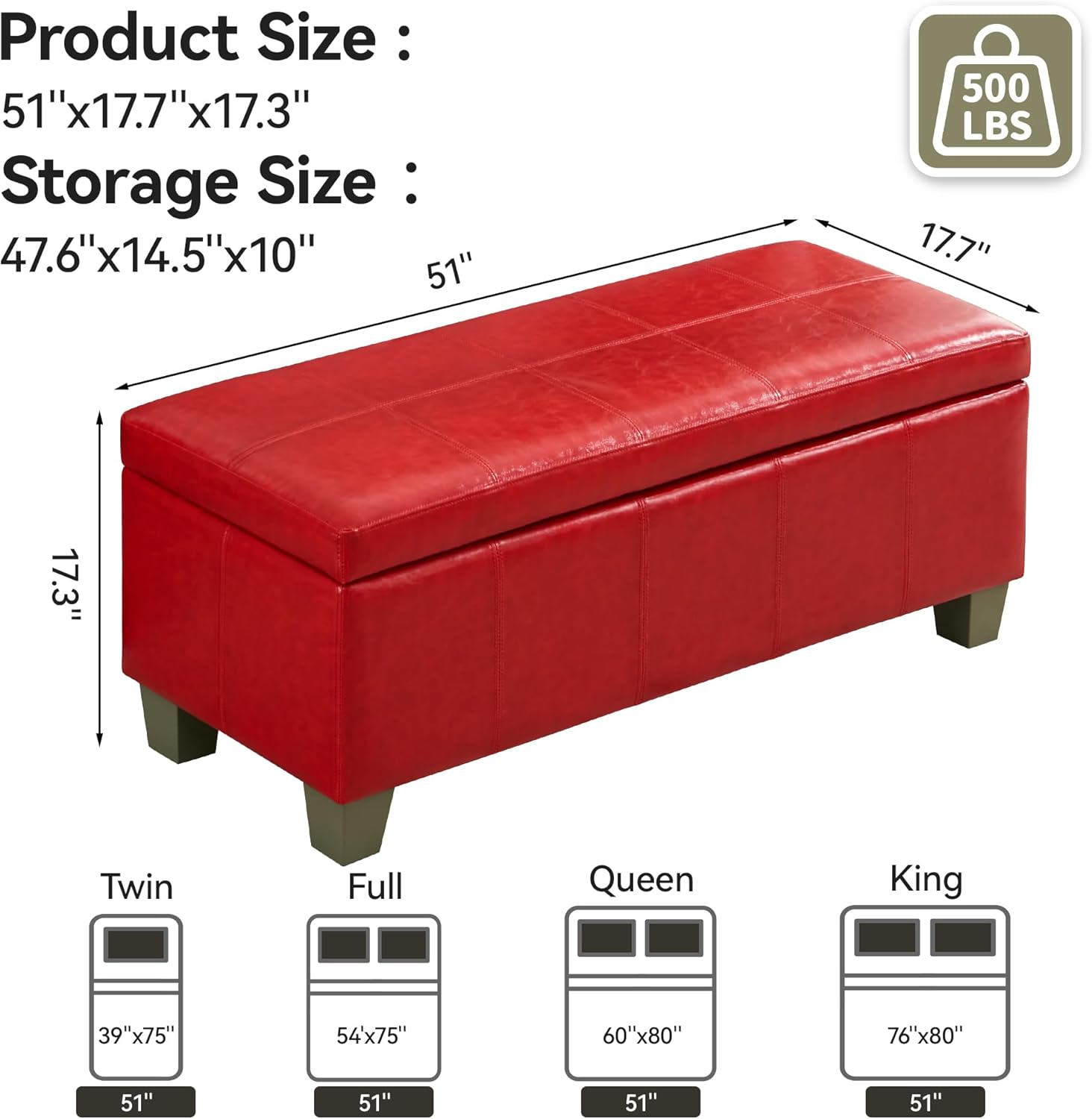 51" Faux Leather Storage Ottoman, Stitch Tufted Rectangle Upholstered End of Bed Storage Bench