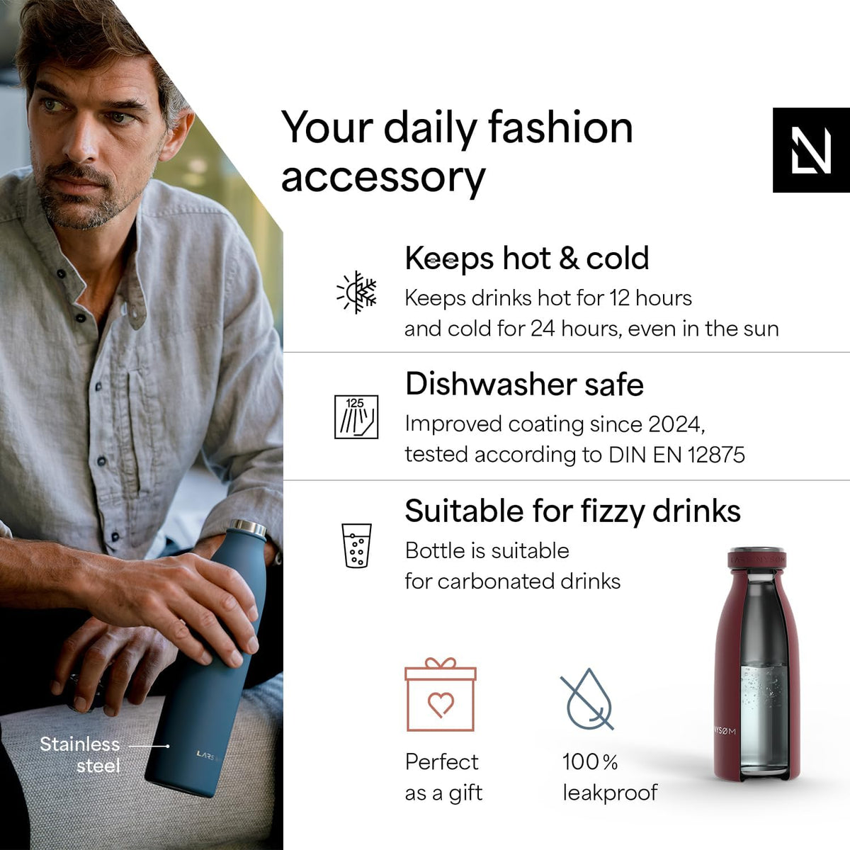 LARS NYSØM Stainless Steel Insulated Water Bottle 12oz 17oz 25oz 34oz 51oz | Insulated Thermo Flask