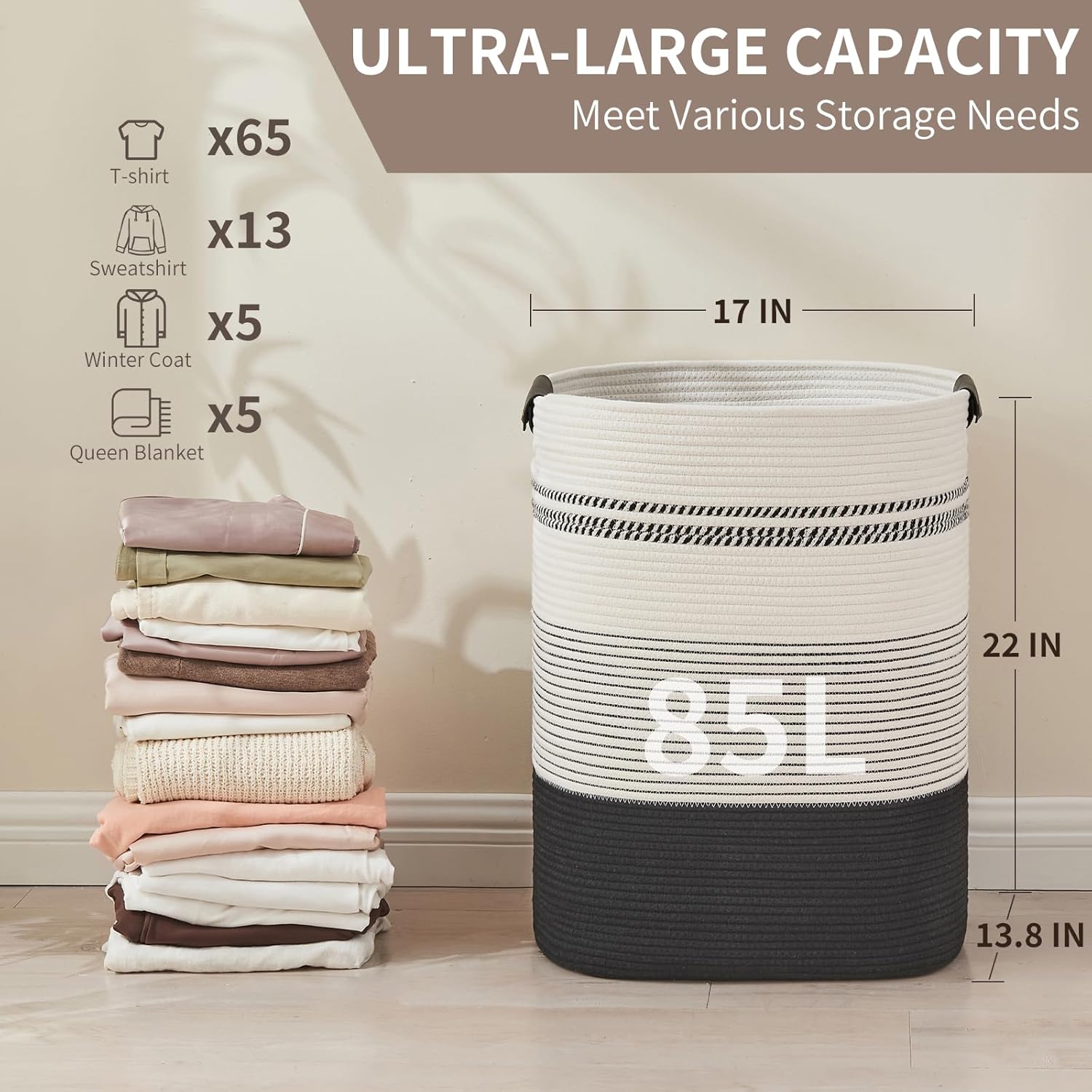 Laundry Basket with Handles - Blanket Basket & Hampers for Bedroom Aesthetic, Laundry Hamper &