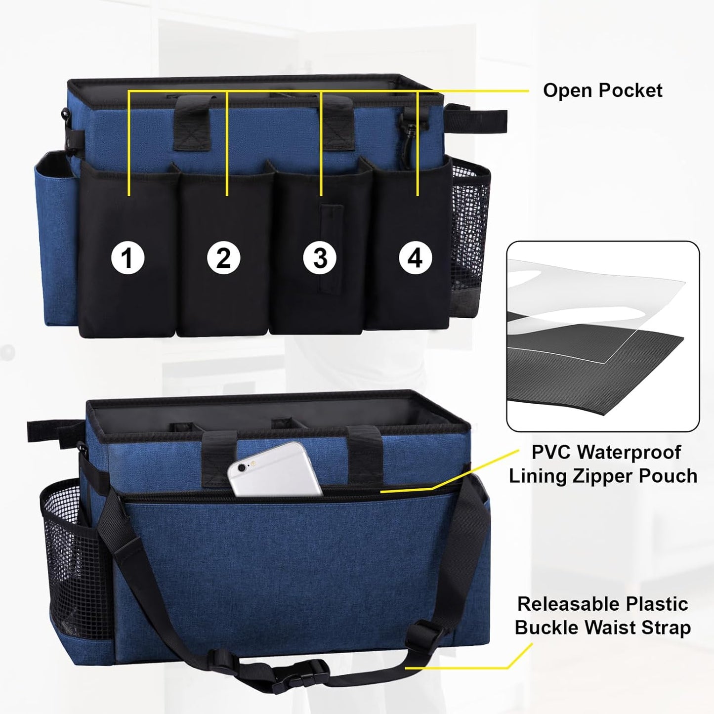 Wearable Large Cleaning Caddy Bag for Housekeeper, Clean Supply Organizer with Adjustable Shoulder