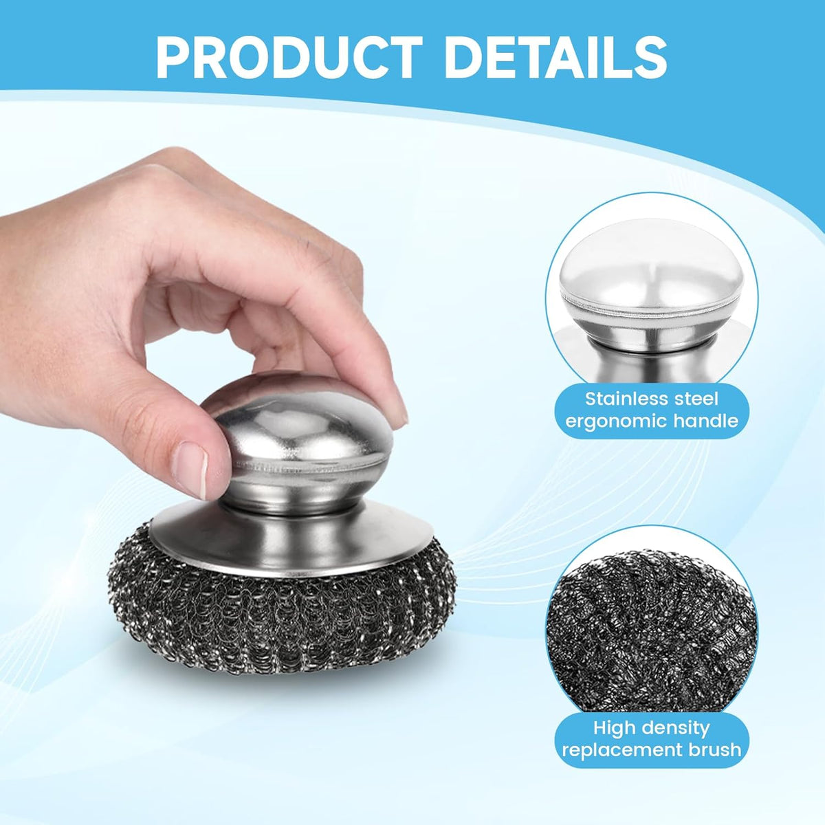 6Pcs Steel Wool Scrubber, Stainless Steel Scrubber with Handle for Cleaning Kitchen and Household