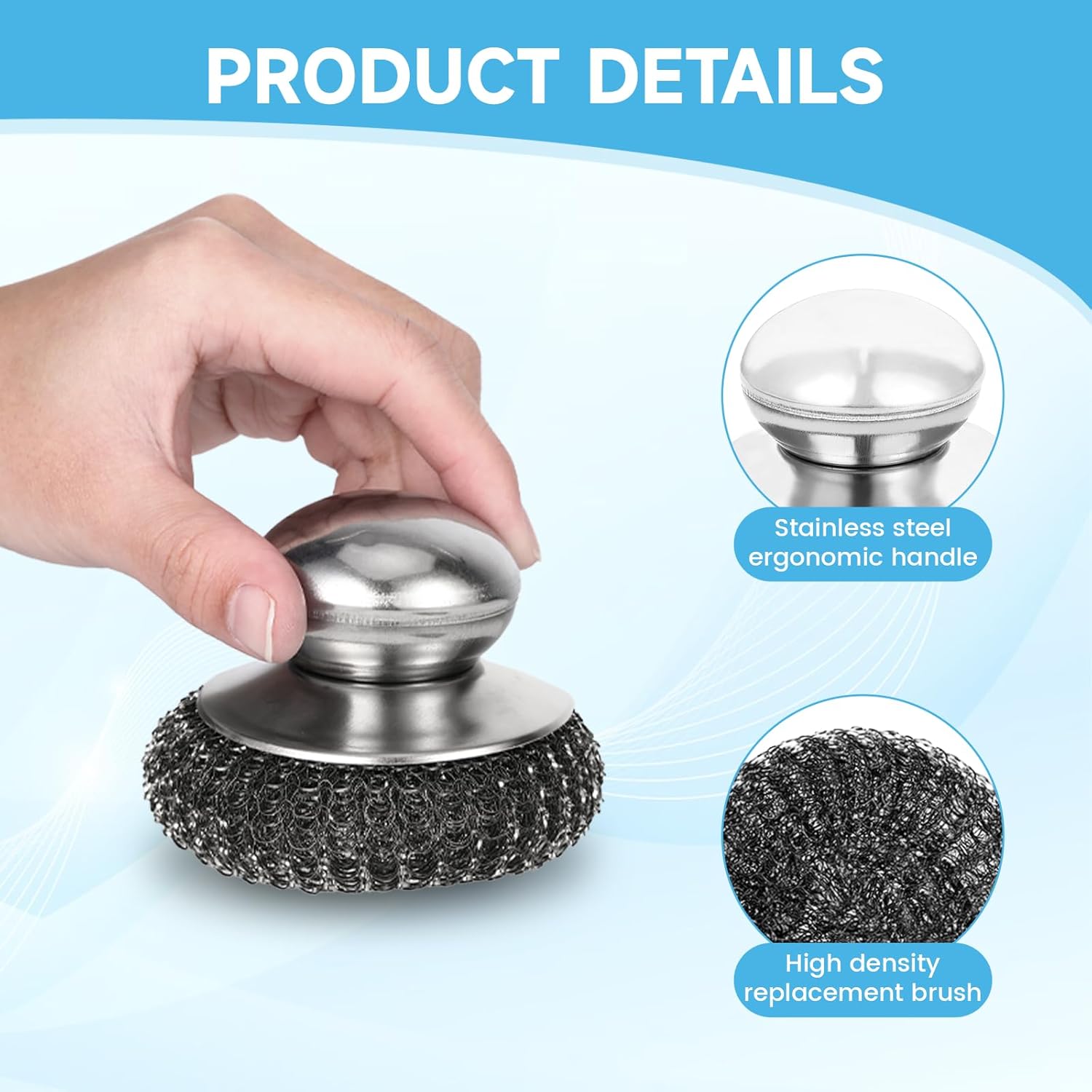 6Pcs Steel Wool Scrubber, Stainless Steel Scrubber with Handle for Cleaning Kitchen and Household