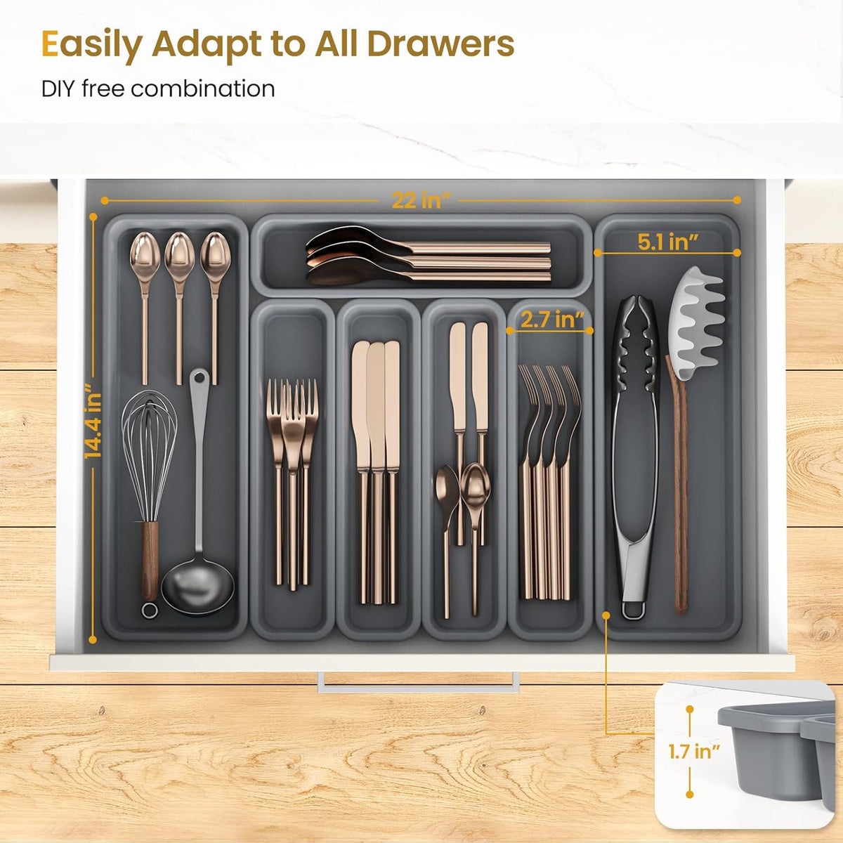 7 Pack Silicone Silverware Drawer Organizer, DIY Free Combination Kitchen Drawer Organizer, Utensil