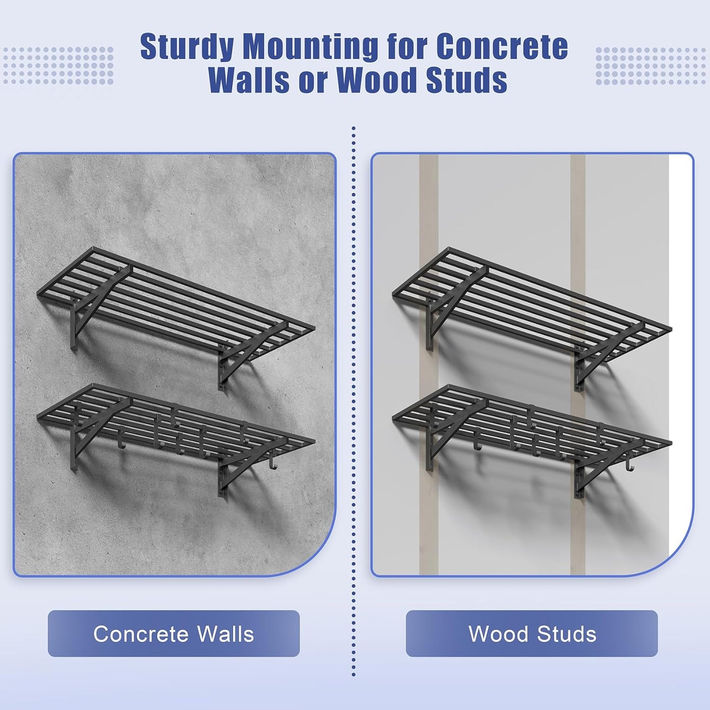 4-Pack 1.5x4ft Garage Shelving Wall Mounted, 1.5 x 4' Heavy Duty Garage Storage Shelves with Hooks