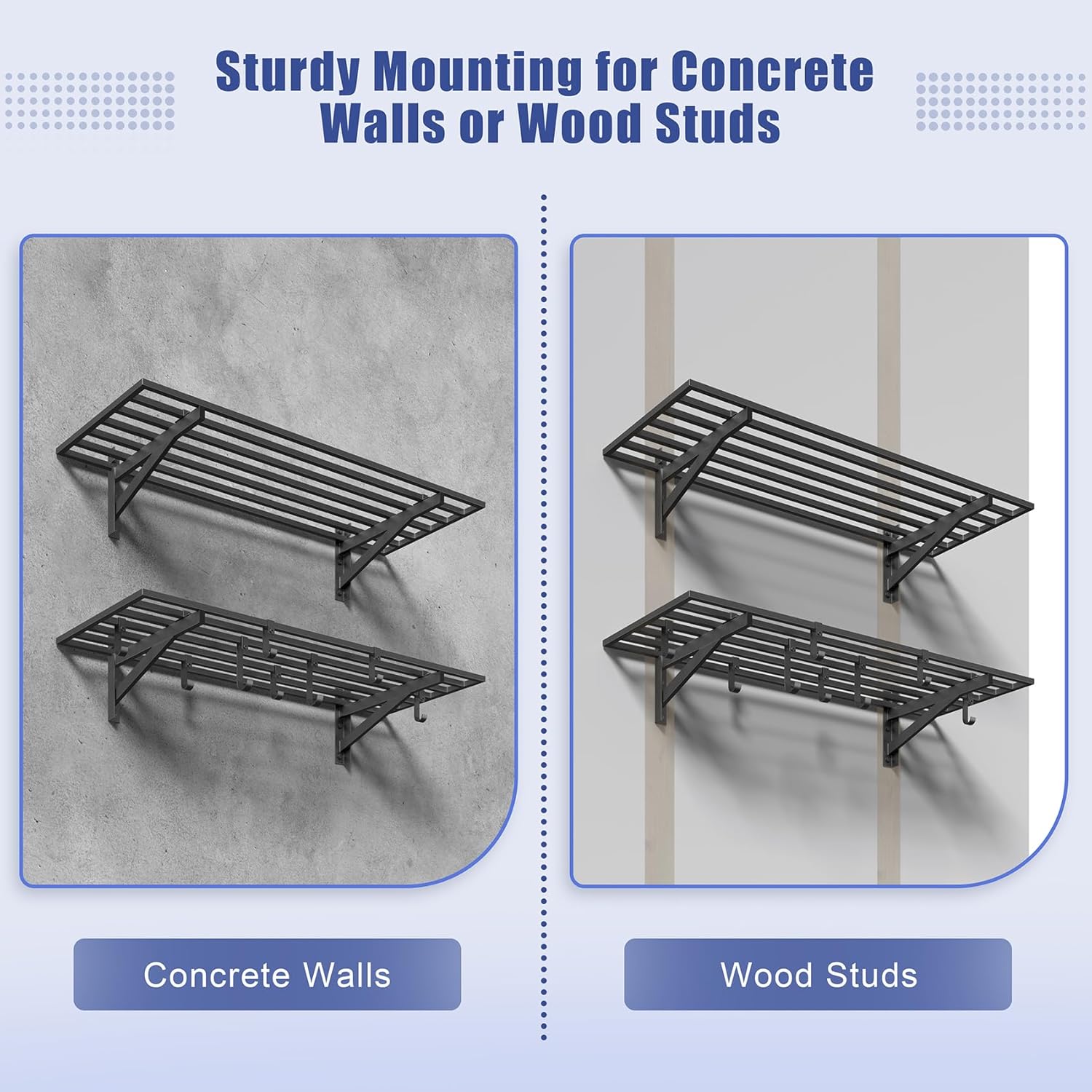 4-Pack 1.5x4ft Garage Shelving Wall Mounted, 1.5 x 4' Heavy Duty Garage Storage Shelves with Hooks