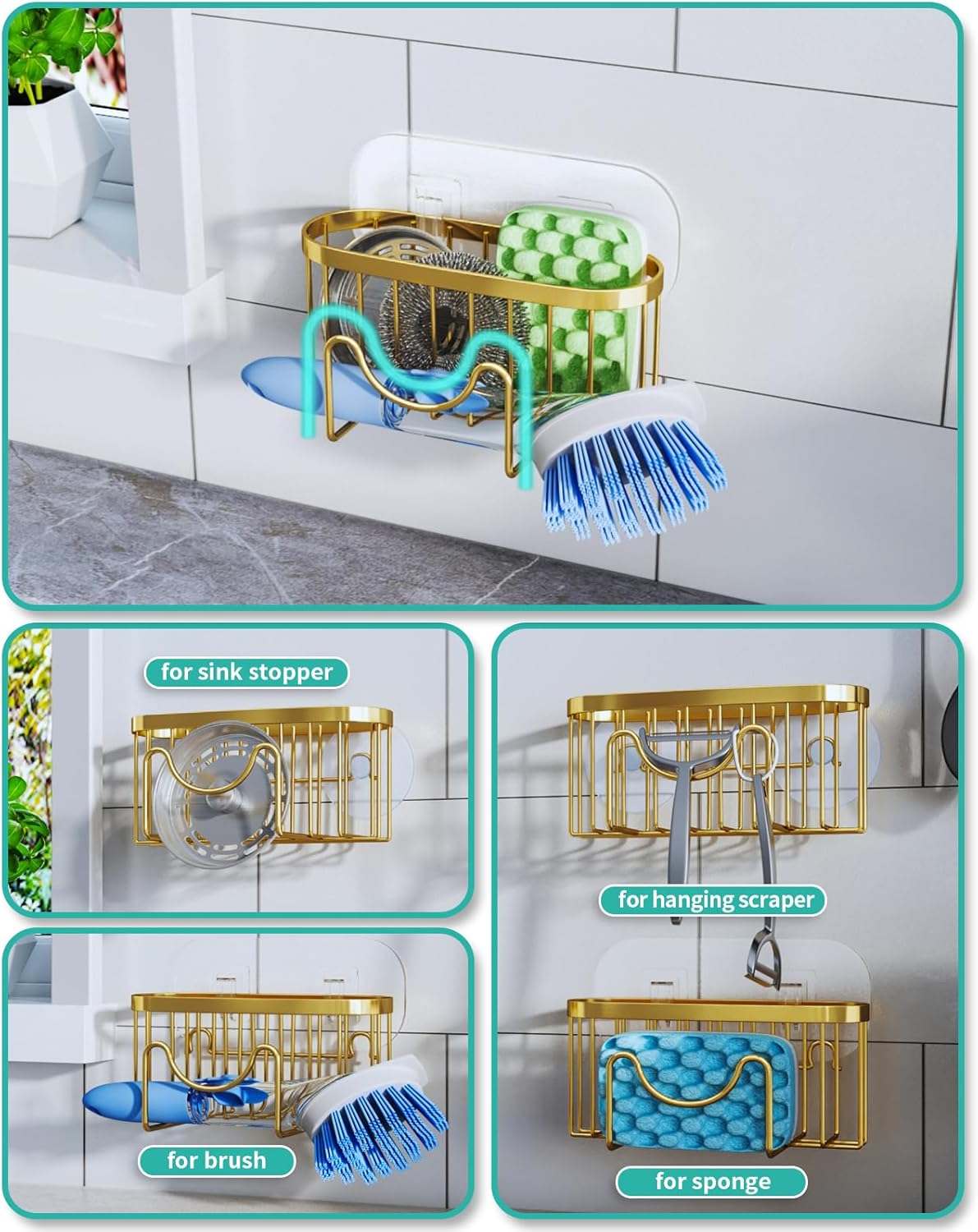HapiRm Multifunctional Sponge Holder - 2 Installation Methods Sink Caddy with Unique M-shaped