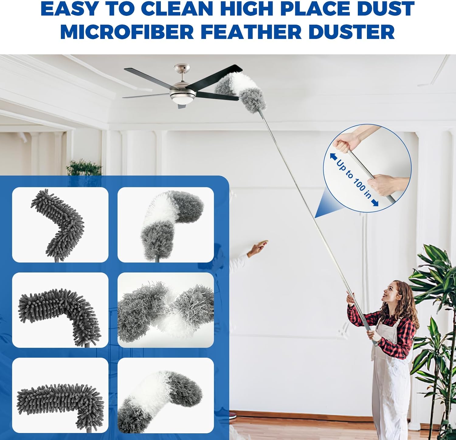 9Pcs Dusters for Cleaning Kit, Extendable Microfiber Duster Tools with 100" Long Pole, Retractable