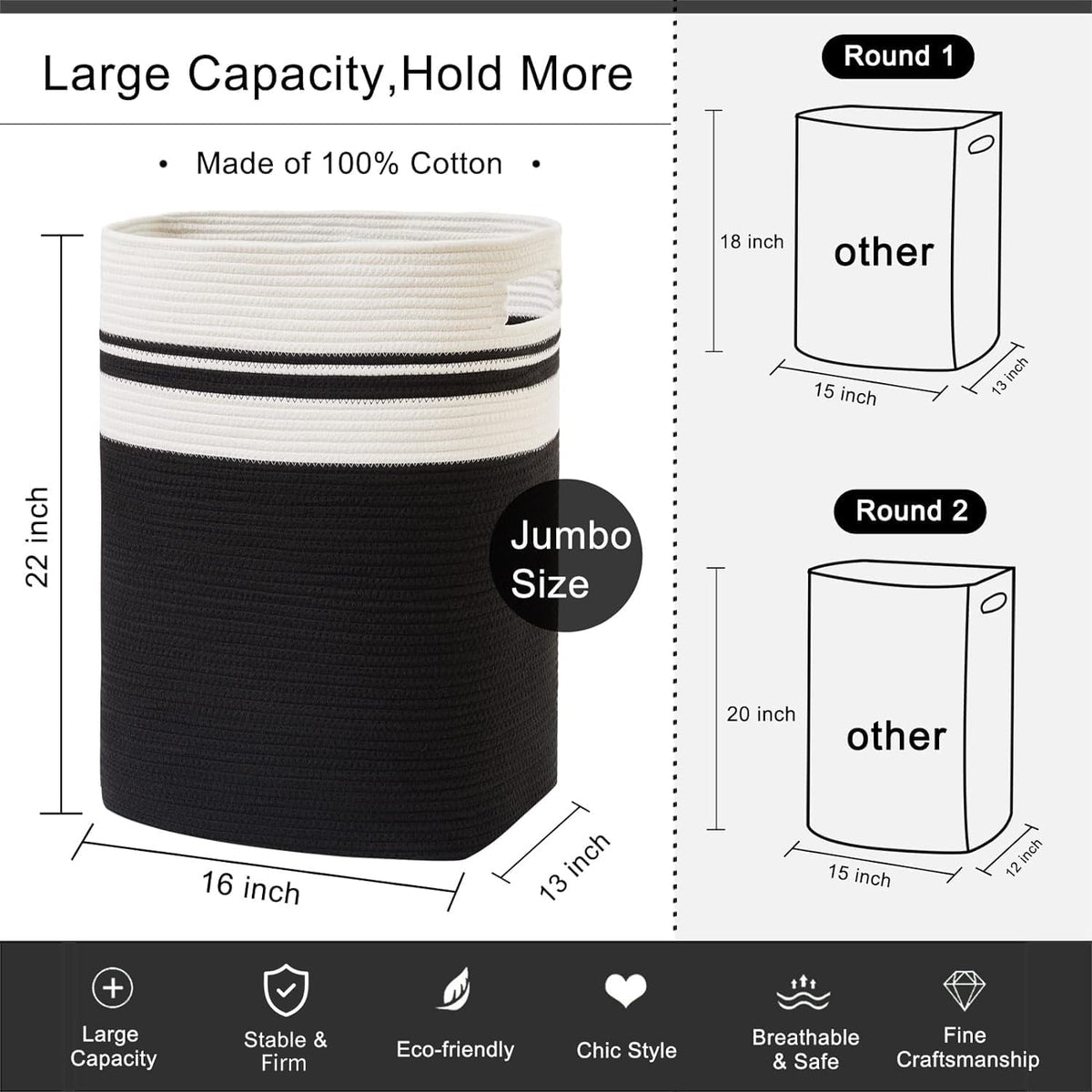 OIAHOMY Laundry Hamper-Laundry Basket,Tall Cotton Storage Basket with Handles,Decorative Blanket