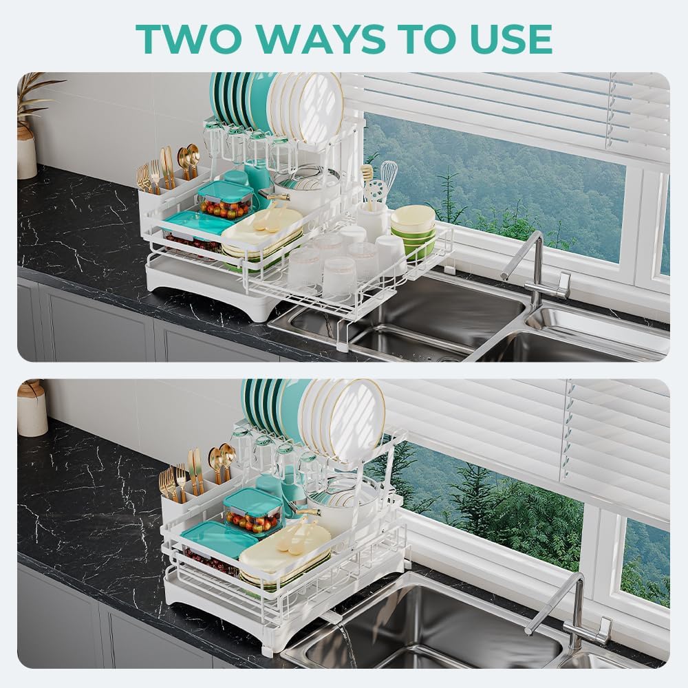 2 Tier Large Dish Drying Rack - Extendable Dish Rack, 2-in-1 Anti-Rust Stainless Steel Dishrack for