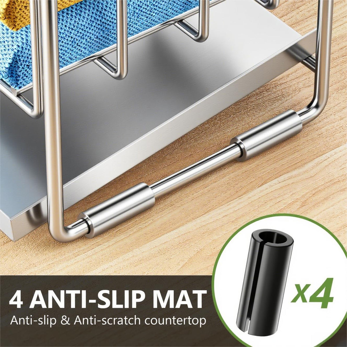 Cisily Silver 2-Tier Kitchen Sink Caddy Organzier Rack with Flexible Dish Brush Holder, Sponge
