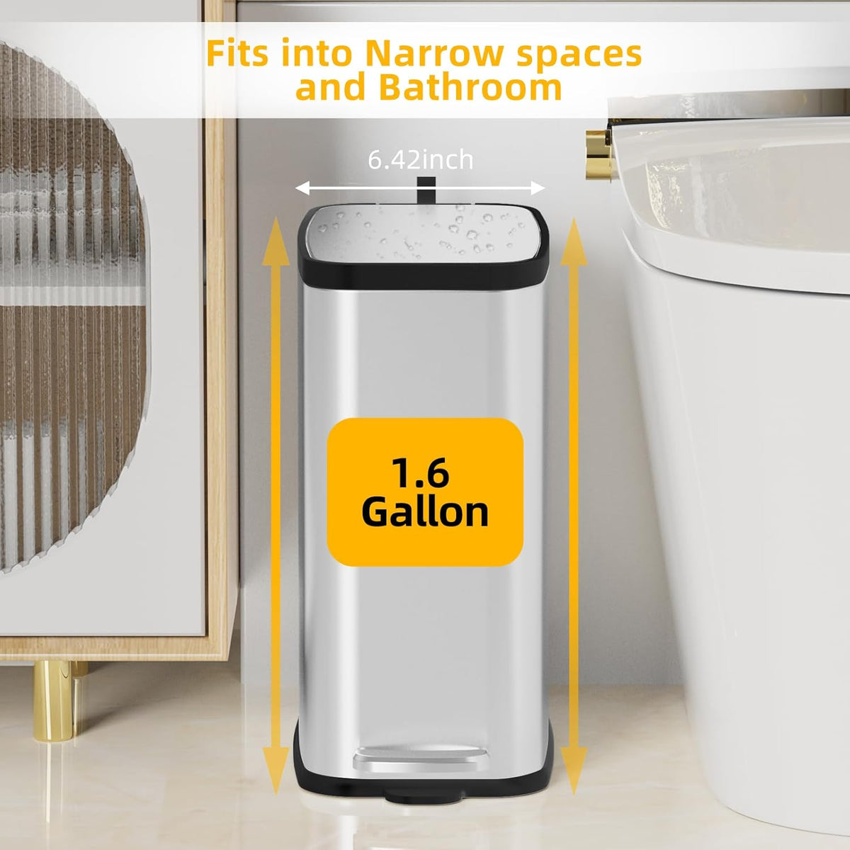 Stainless Steel Bathroom Trash Can with Lid Soft Close,1.6 Gallon Slim Garbage can,Small Metal Step