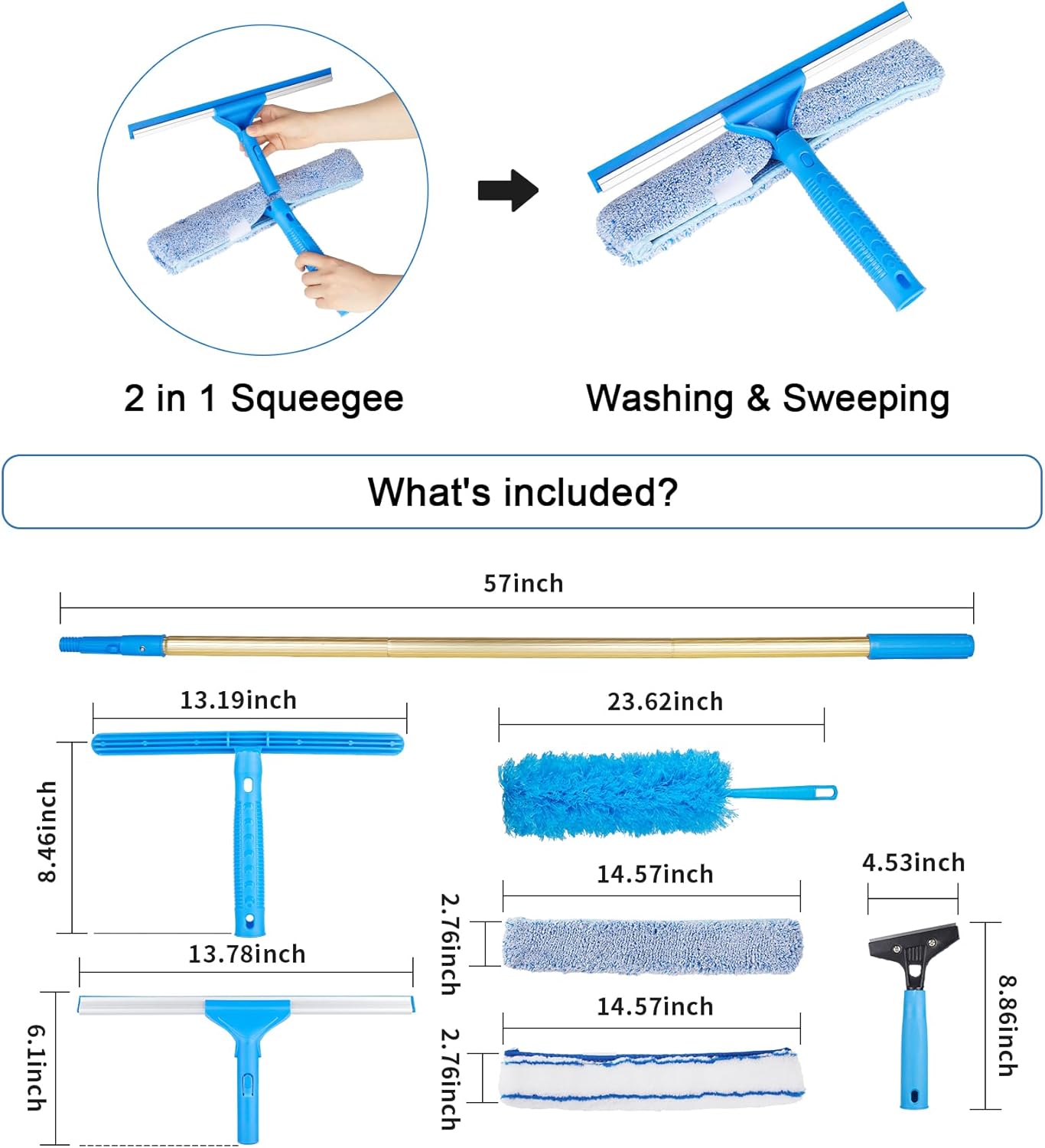 2 in 1 Window Squeegee Cleaning Kit with Aluminum Alloy Extension Poles, Scrubber, Glass Scrapper
