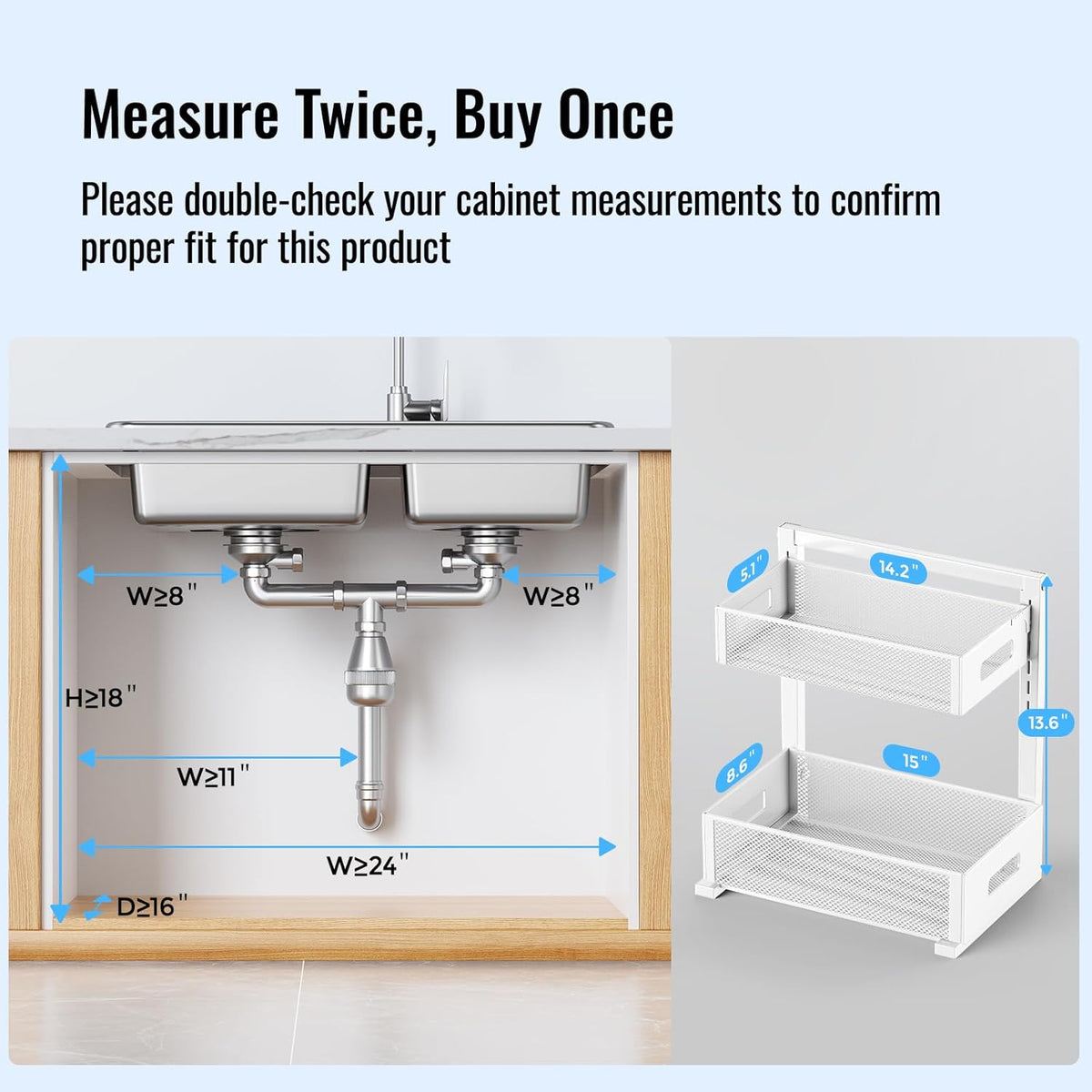 Full Metal Under Sink Organizer, Pull Out Cabinet Organizers and Storage, Silk-Smooth Sliding