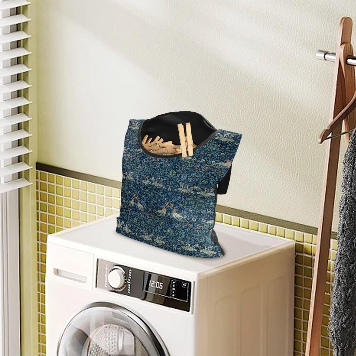 William Morris Bird Print Ultimate Clothespin Storage System 14.5"x12" - Features Oversized Opening