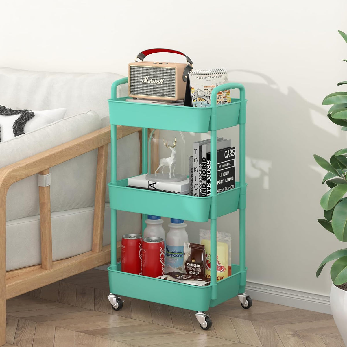 Sywhitta 3-Tier Plastic Rolling Utility Cart with Handle, Multi-Functional Storage Trolley for