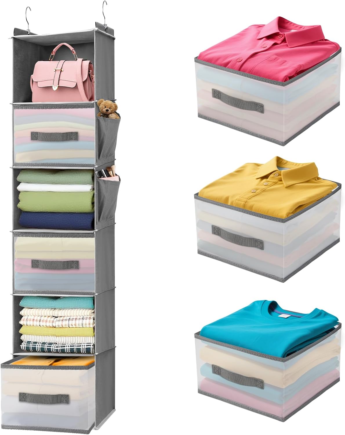 6-Tier Hanging Closet Organizer with Drawers and Side Pockets – Versatile Closet Storage for Shoes