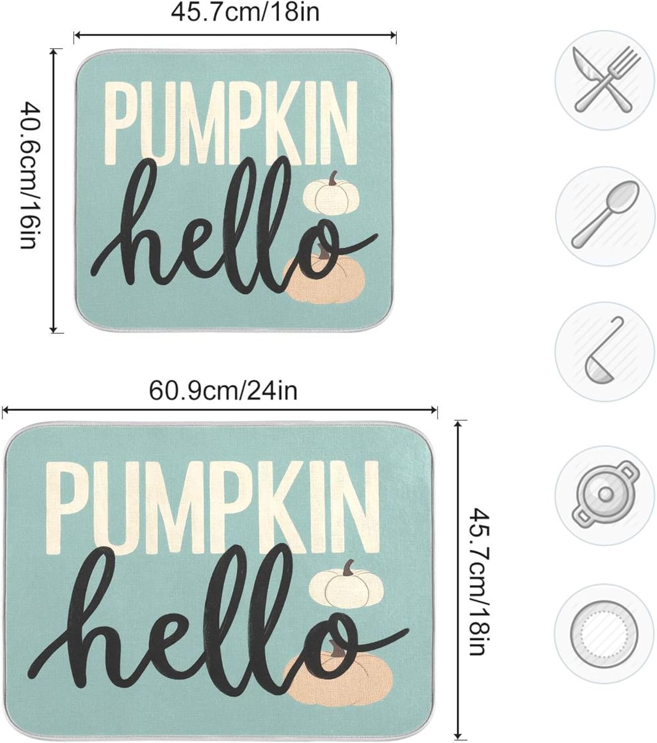 Hello Pumpkin Turquoise Fall Dish Drying Mat for Kitchen Countertop 18x24 Aqua Teal Autumn Large