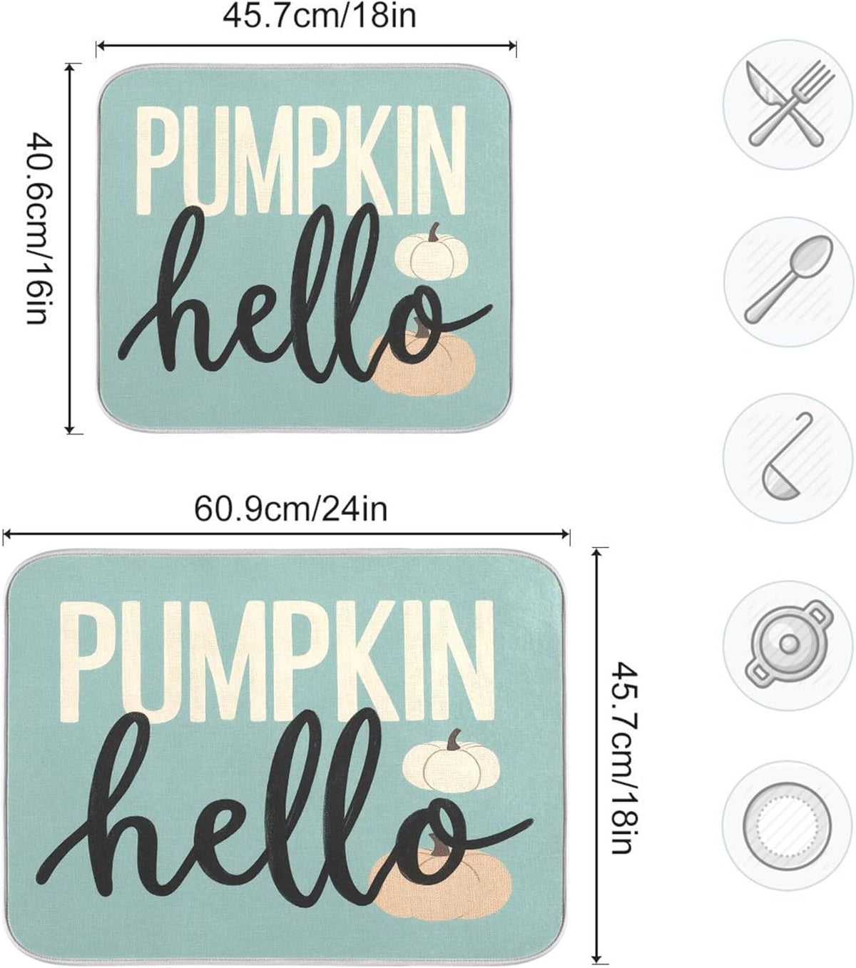 Hello Pumpkin Turquoise Fall Dish Drying Mat for Kitchen Countertop 16x18 Aqua Teal Autumn Small