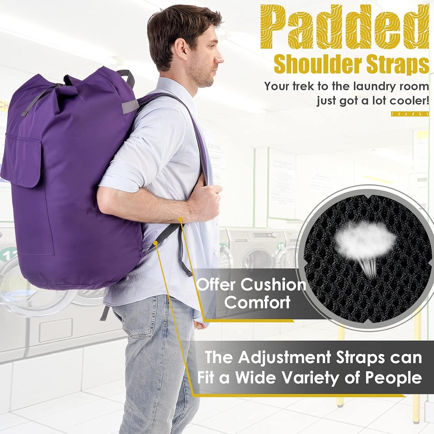 College Laundry Bag Extra Large Heavy Duty, Purple 115L Laundry Backpack Bag, Dorm Laundry Bag with