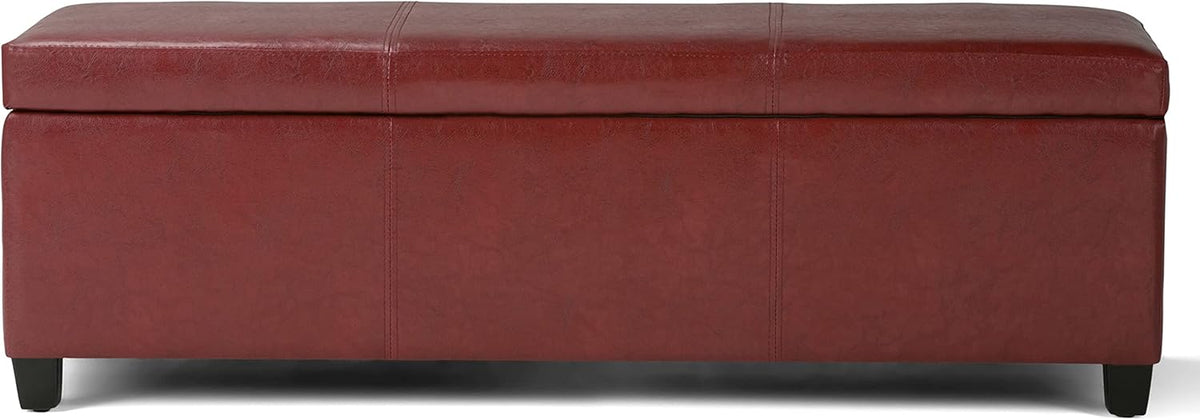SIMPLIHOME Avalon 48 inch Wide Contemporary Rectangle Storage Ottoman Bench in Red Vegan Faux