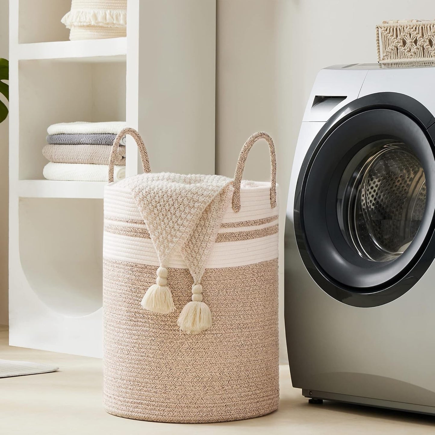 YOUDENOVA Woven Rope Laundry Hamper Basket, 100L Tall Laundry Basket, Baby Nursery Hamper for