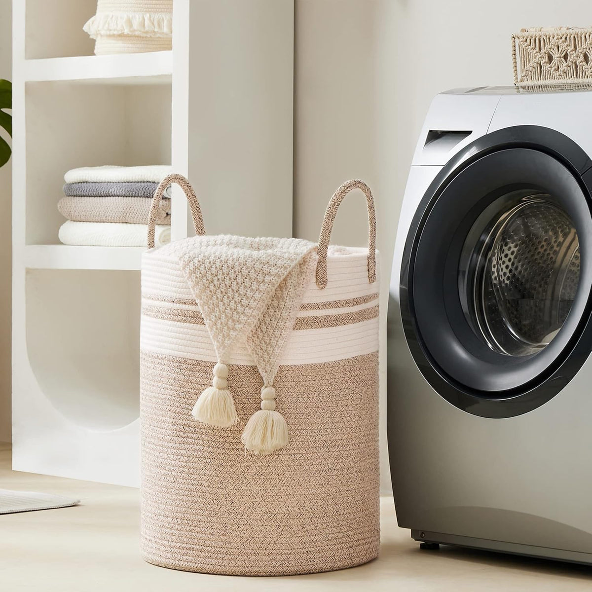 YOUDENOVA Woven Rope Laundry Hamper Basket, 100L Tall Laundry Basket, Baby Nursery Hamper for