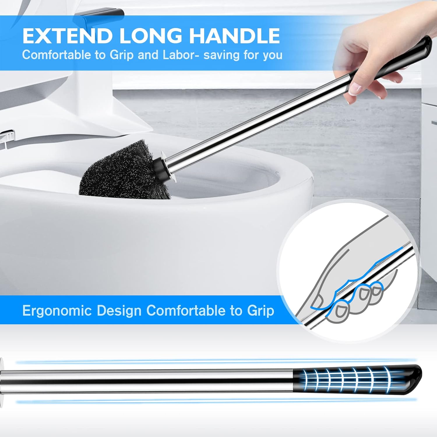 Toilet Brush and Holder 2 Pack, 304 Stainless Steel Toilet Brush with Extended and Durable