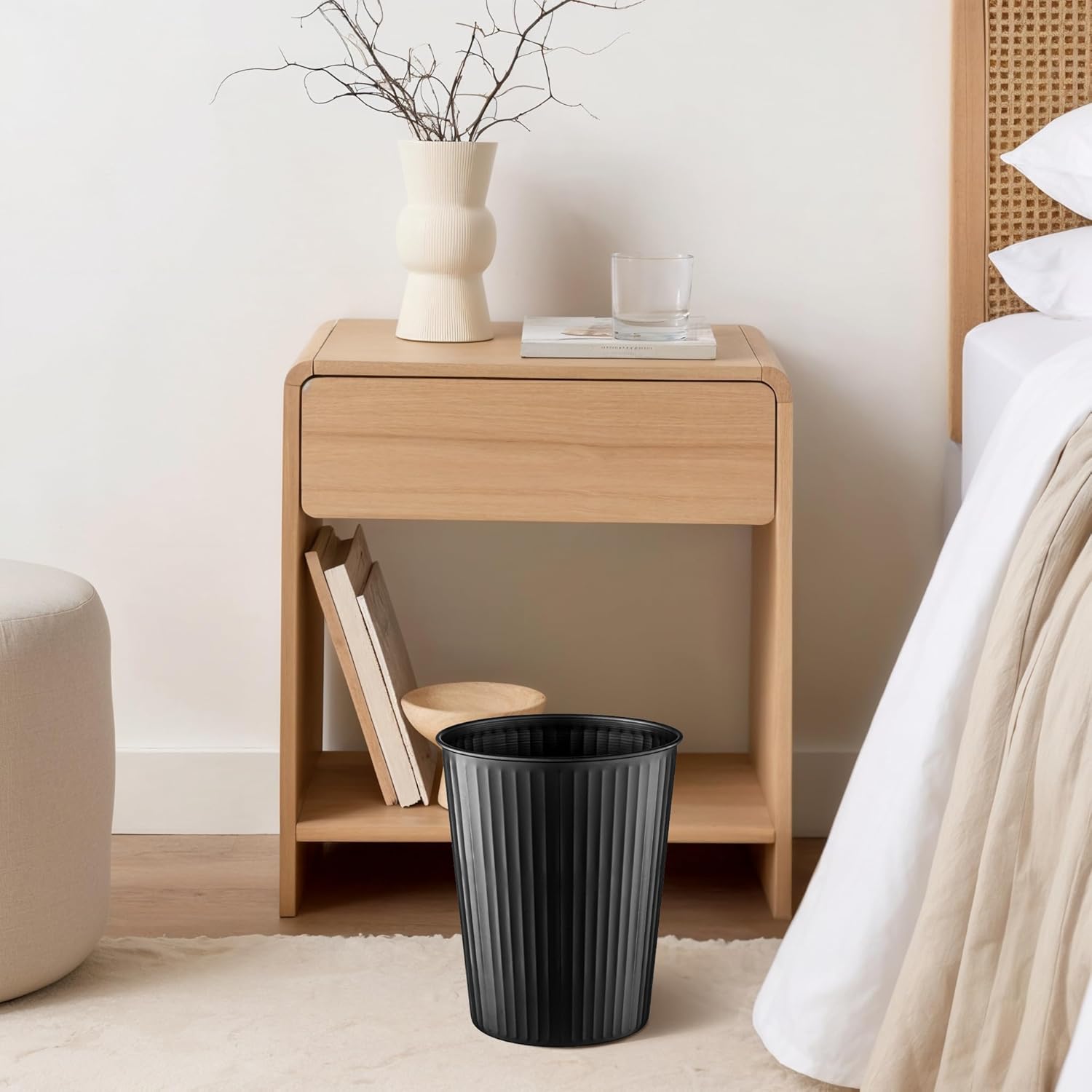 Monarch Abode Black Handcrafted Ridge Embossed Metal Wastebasket for Home Office, Decorative Waste
