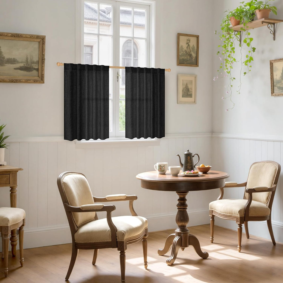 YoungsTex Black Linen Curtains 36 Inch Long for Kitchen 2 Panels, Light Filtering SemI Sheer Drapes