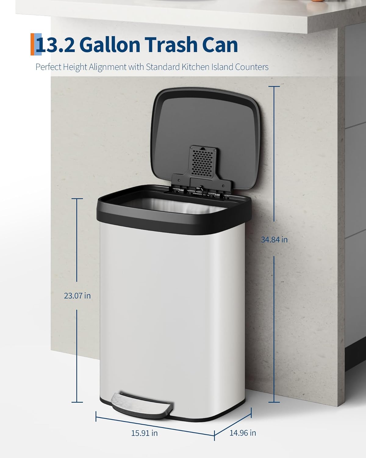 Garvee 13 Gallon / 50 Liter Metal Trash Can with Lid, Large Garbage Can for Kitchen, Rustproof