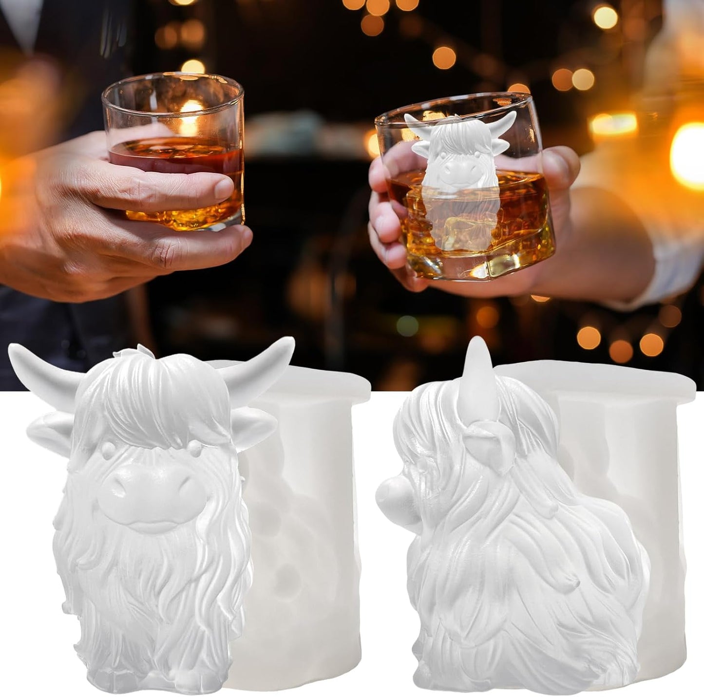 3D Highland Cow Ice Cube Silicone Molds Tray for Whiskey, Cocktail, Drink Decor, Bar; Rich Details.