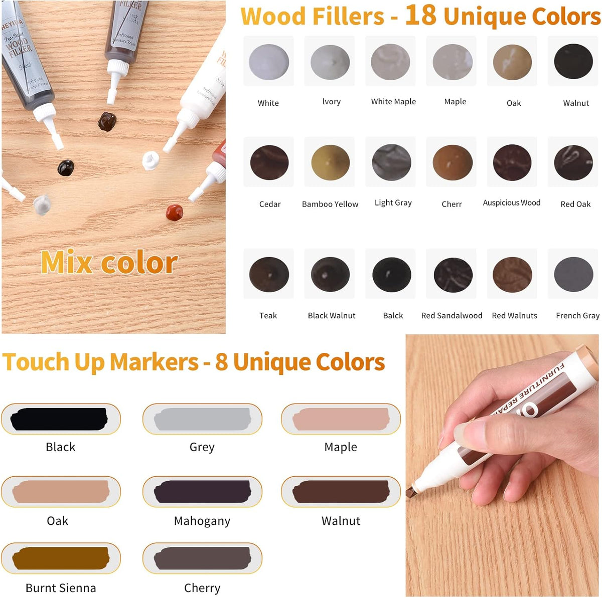 Wood Floor Scratch Repair - Set of 39 - Hardwood Floor Repair Kit Wood Filler Putty, Wood Markers