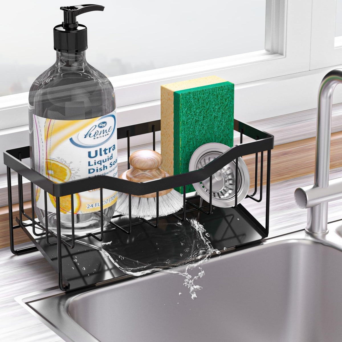 Vanwood Sponge Holder for Kitchen Sink with Auto Draining Tray, Sink Caddy Kitchen Sink Cocina