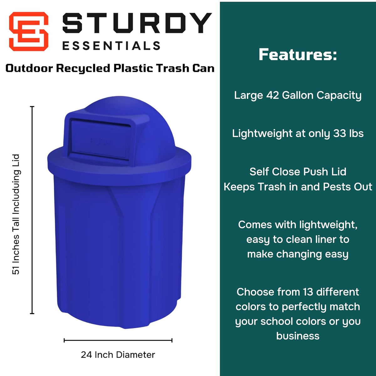 42 Gallon Round100% Recycled Plastic Heavy Duty Outdoo Trash Can with Push Lid and Internal Liner