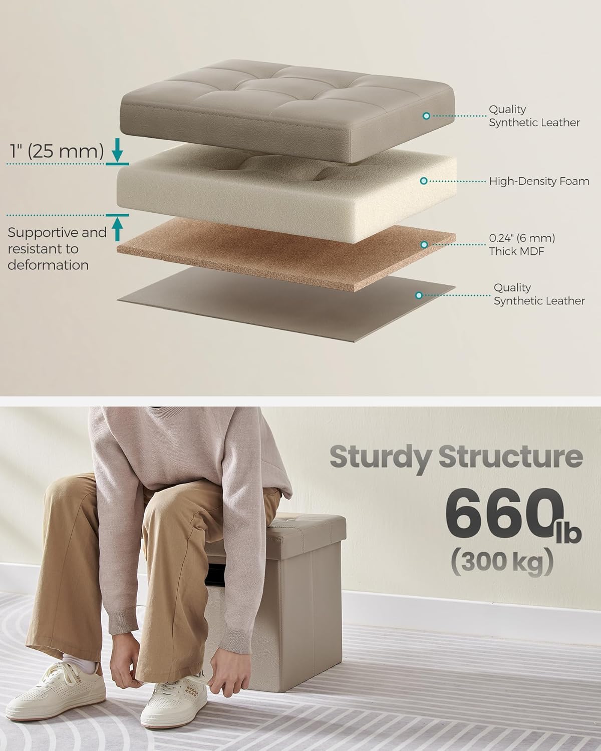 SONGMICS Mazie Collection - 15 Inches Ottoman with Storage, Footstool, Storage Ottoman with Metal
